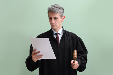Judge with mallet and document on green background