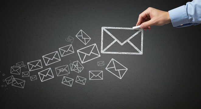 Hand drawing email icons on a chalkboard, illustrating digital communication and the concept of sending and receiving messages in a modern, tech-savvy world