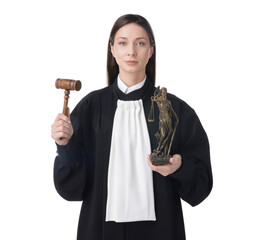 Judge with mallet and figure of Lady Justice on white background