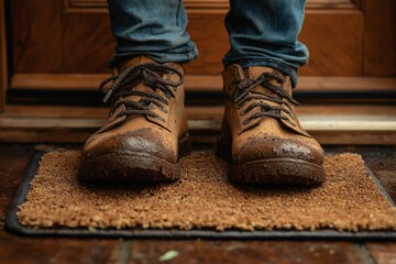 Muddy Boots at Home Entrance. Earth Tones and Rugged Style on a Welcome Mat