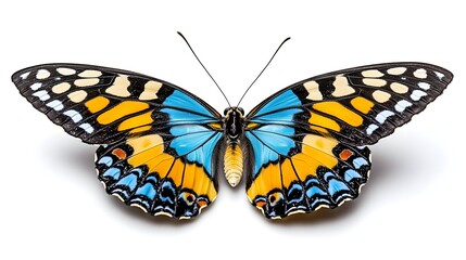 Fototapeta premium Vivid butterfly with yellow, black, and blue wings spread wide, isolated on white