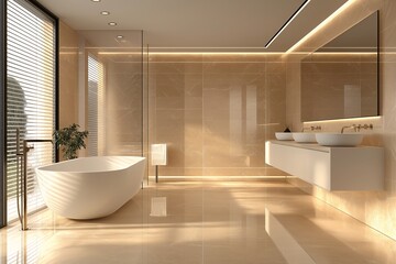 Modern Luxury Bathroom Interior Design. Spa-Like Elegance with Natural Light, Neutral Tones, and Stylish Vastu-Friendly Features