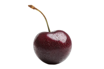 Fresh single cherry with water droplets on black background, cut out