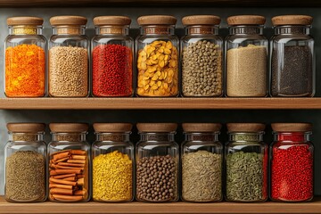 Organized Kitchen Pantry. Glass Jarred Spices with Wooden Lids for Gourmet Cooking and Sustainable Culinary Arts