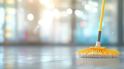 Yellow floor brush leaning against shiny floor in a blurred bright room.