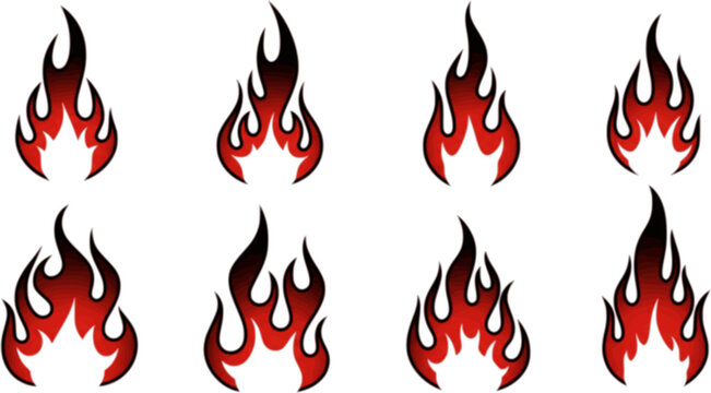 Flame silhouettes in classic 90s style, motorcycle and hot rod car style. Old school, retro tattoos. Black and white flame silhouette and outline style. Retro fire aesthetics, with flames. Vector set