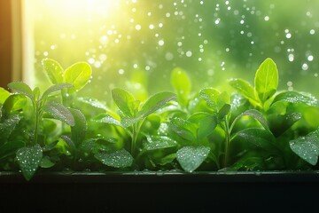 Indoor Gardening on a Rainy Day. Vibrant Green Leaves, Sprouts, and Moisture for Eco-Friendly Serenity