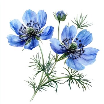 Delicate Black Cumin Flower Watercolor Illustration Art