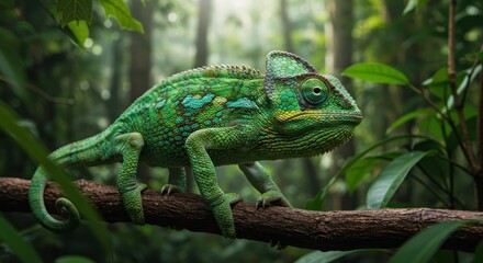 Vibrant Green Chameleon Resting on Branch in Lush Jungle Setting Surrounded by Tropical Foliage, Wildlife in Natural Habitat, Colorful Nature Photography