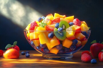Colorful Fresh Fruit Salad Bowl. Healthy Dessert with Strawberries, Blueberries, Mango, Kiwi & Citrus - A Vibrant & Nutritious Gourmet Snack