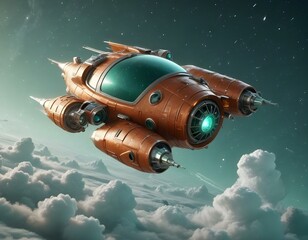 Obraz premium A vintage silver and green spacecraft flying through a starry night