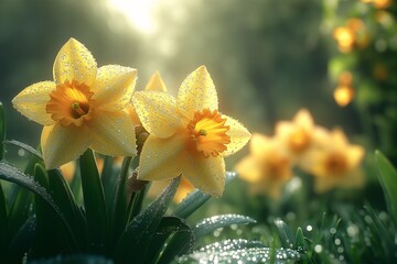 Yellow Daffodil Blossom in Morning Dew - Vibrant Spring Nature Photography