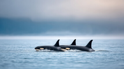 Naklejka premium Majestic orcas breaching in wide arctic ocean landscape