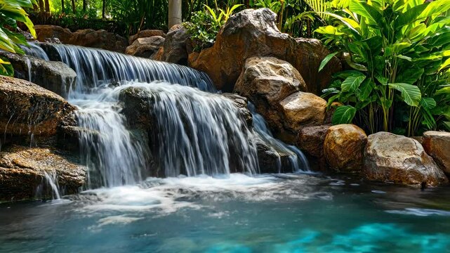 Cascading water feature surrounded by rocks and lush plants