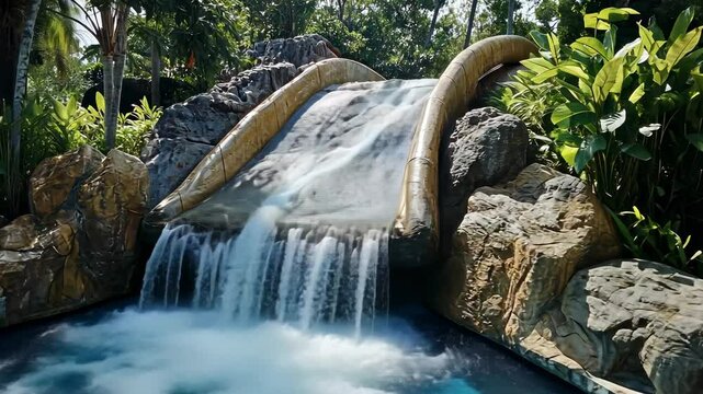 Waterfalls cascading into pool, surrounded by rocks and lush plants