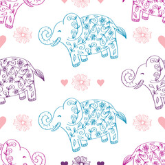Seamless pattern with cute elephants and flowers. Vector illustration.
