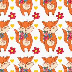 Seamless pattern with cute foxes and flowers. Vector illustration.
