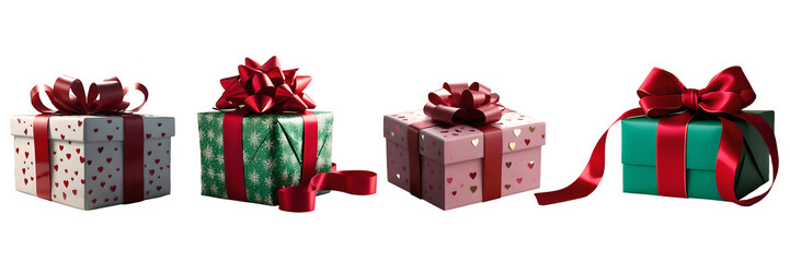 Valentine's Day gift boxes in pink and green with heart patterns and red ribbons, gift set, transportable