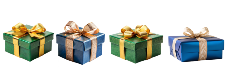 Classic holiday gift boxes in green and blue with yellow ans white ribbons, for Christmas presents, gifts collection isolated on white background