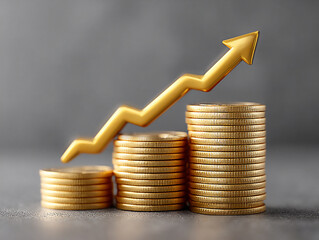 bright photograph of a golden arrow pointing upwards through a series of rising coins