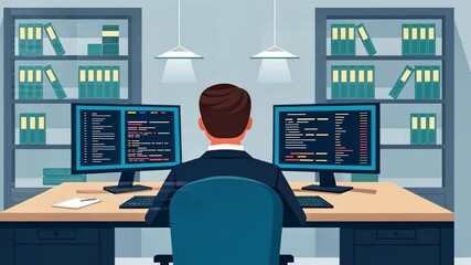 cyber security concept, Remote worker coding at a desk with dual monitors in a library. - Powered by Adobe