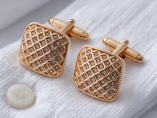 luxurious photograph of a set of gold cufflinks on a crisp white shirt cuff