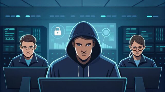 cyber security concept, Three individuals working on computers in a cybersecurity environment.