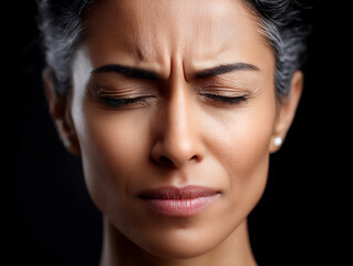 Fototapeta premium close-up photograph of a person's furrowed brow and closed eyes, symbolizing worry, stress