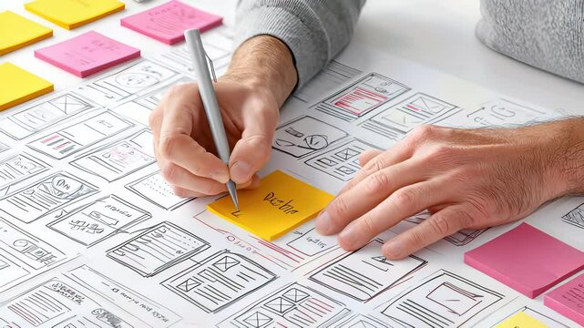 User Experience Designer Planning Website Layouts and Information Architecture, Using Sticky Notes for Brainstorming and Wireframing on White Table