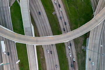 Top down view of highway intersection with several layers of the roads in Dallas, Texas