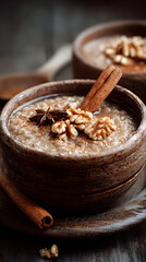 Fototapeta premium close-up of warm spelt porridge with cinnamon and nuts in a rustic bowl