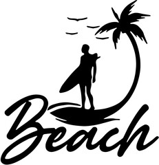 
tropical beach surfing with palm trees vector

