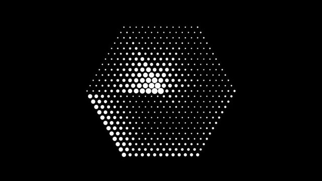 Hexagonal Halftone Dot Animation with Six-Fold Rotational Symmetry on Black Background Featuring Pulsating Tessellated Honeycomb Pattern and Zentangle-Inspired Blooming Wave Motion