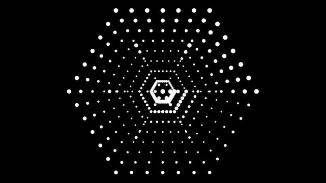Hexagonal Halftone Dot Animation with Six-Fold Rotational Symmetry on Black Background Featuring Pulsing Blooming Wave Patterns and Zentangle-Inspired Tessellated Motion