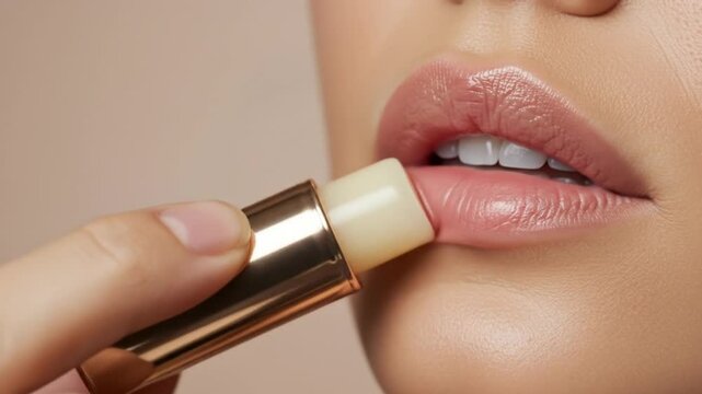 close-up of a hand applying lip balm