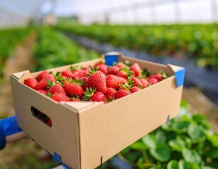 Freshly picked strawberries in a box