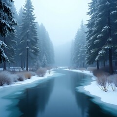 Serene river between trees in the forest in winter
sunset, landscape,