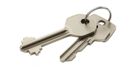 Three metal keys on a keyring on a transparent background  