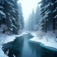 Serene river between trees in the forest.
 in winter