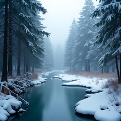 Serene river between trees in the forest, snow, nature, sky, trees, lake, water, sunrise, ice, cold, forest, river, night, light, reflection, beautiful, morning, fog, nature, peaceful, calm,