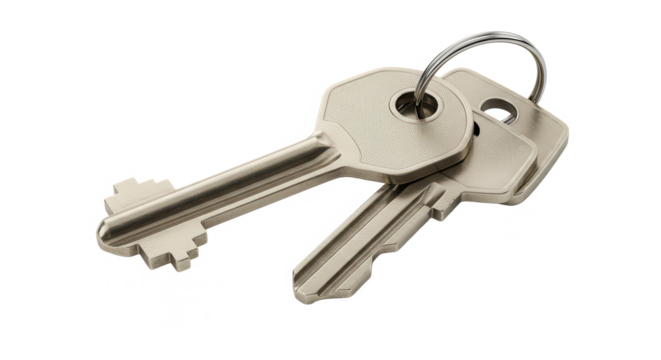 Three metal keys on a keyring on a transparent background  