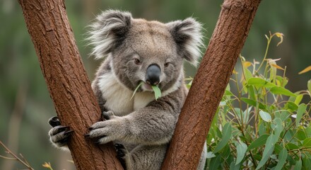 Adorable koala clinging to tree branch while munching on green leaves in serene Australian forest setting