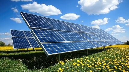 natural green agriculture field with solar panels system. renewable green power technology for better environment.