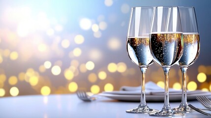 Three Champagne Flutes on a Table with Festive Bokeh Lights