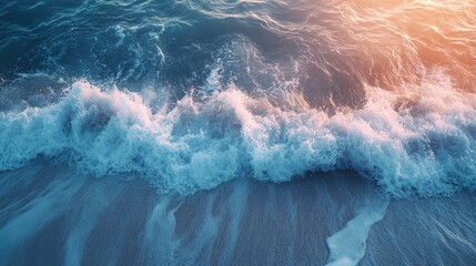 clear transparent sea waves breaking over white clean sea beach in the evening sunset.
