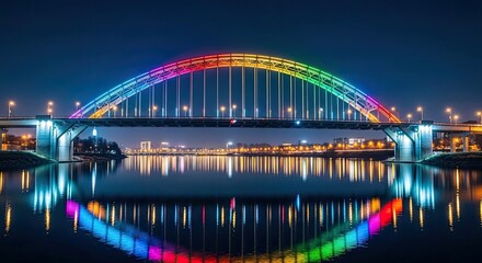 Illuminated rainbow bridge at night reflecting on the water surface. City lights and dark background with vibrant colors create a scenic view.