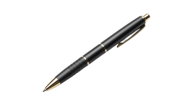 Elegant black pen with gold accents on a transparent background  