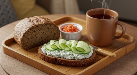 Fresh Healthy Breakfast with Open Face Sandwich, Creamy Spread, Cucumber Slices, Tomato Relish, Whole Grain Bread, and Herbal Tea on Wooden Tray