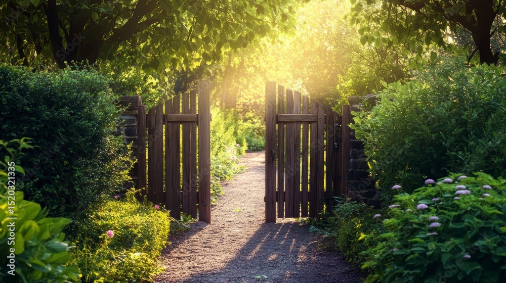 Poster sunlit garden path through open wooden gate.