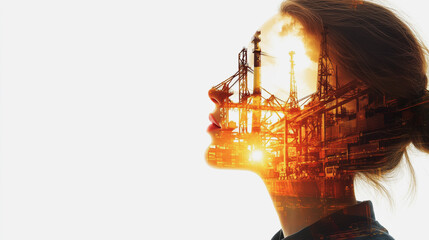 A beautiful female engineer is designing the workings of Container truck in ship port for business Logistics and transportation of Container Cargo ship and Cargo plane with working crane bridge 